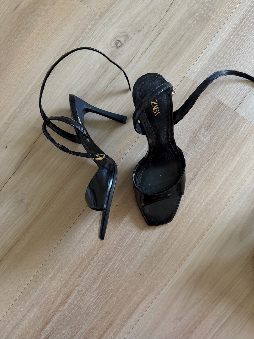 ZARA Black Patent Square-Toe Stiletto Sandals